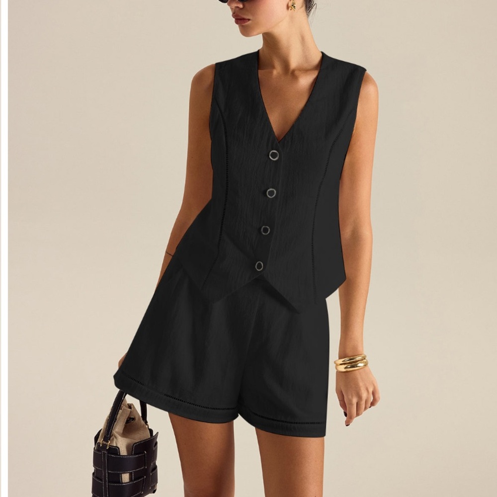 Commense Cotton Button Detail Vest Top With Pockets Shorts Set